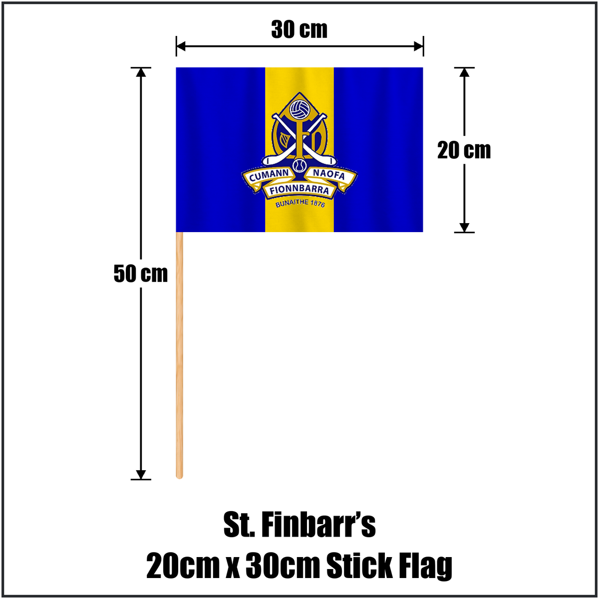 St. Finbarr’s 20cm x 30cm Stick Flag, featuring the club crest and royal blue and gold colours; County Cork GAA. ClubFlags.ie.