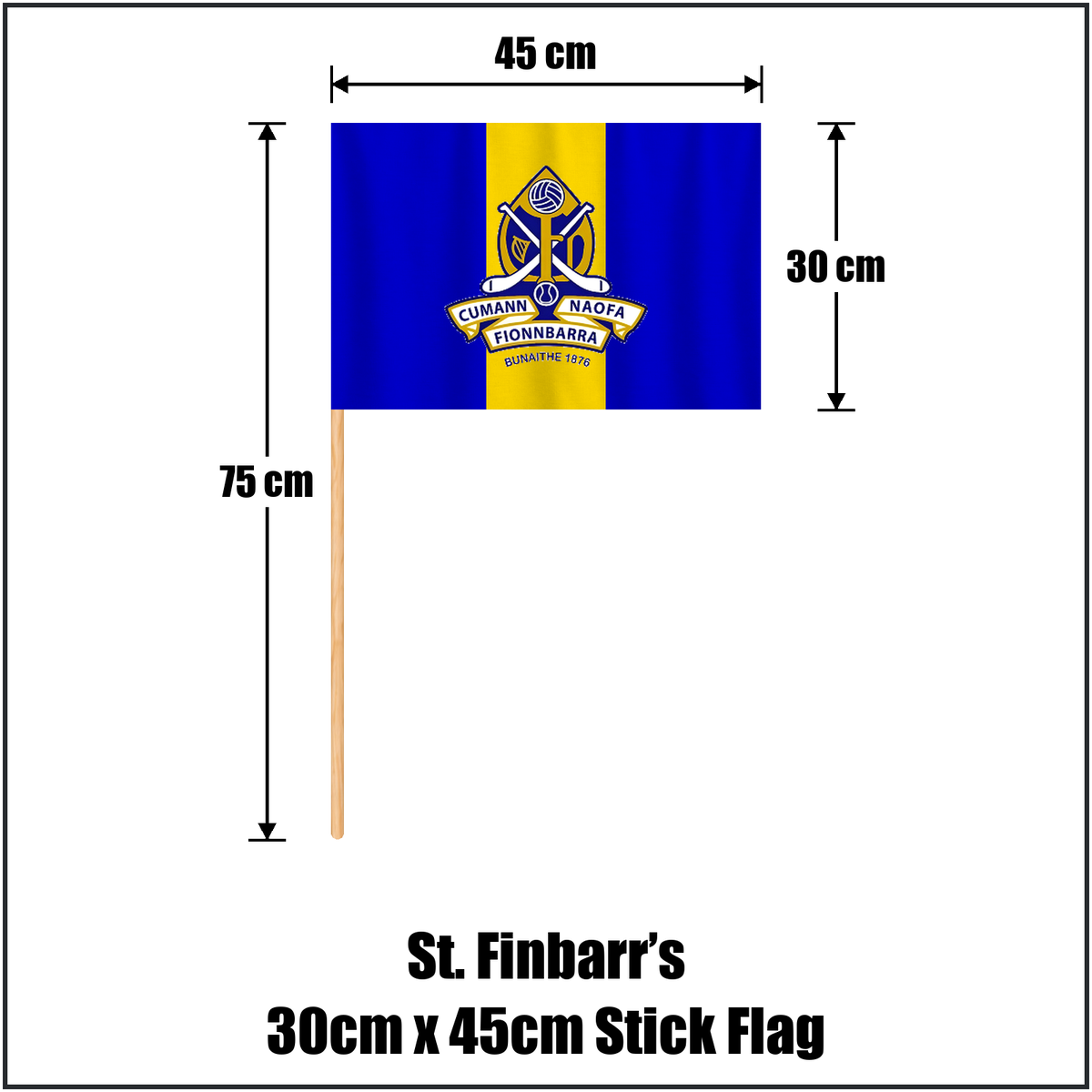 St. Finbarr’s 30cm x 45cm Stick Flag, featuring the club crest and royal blue and gold colours; County Cork GAA. ClubFlags.ie.