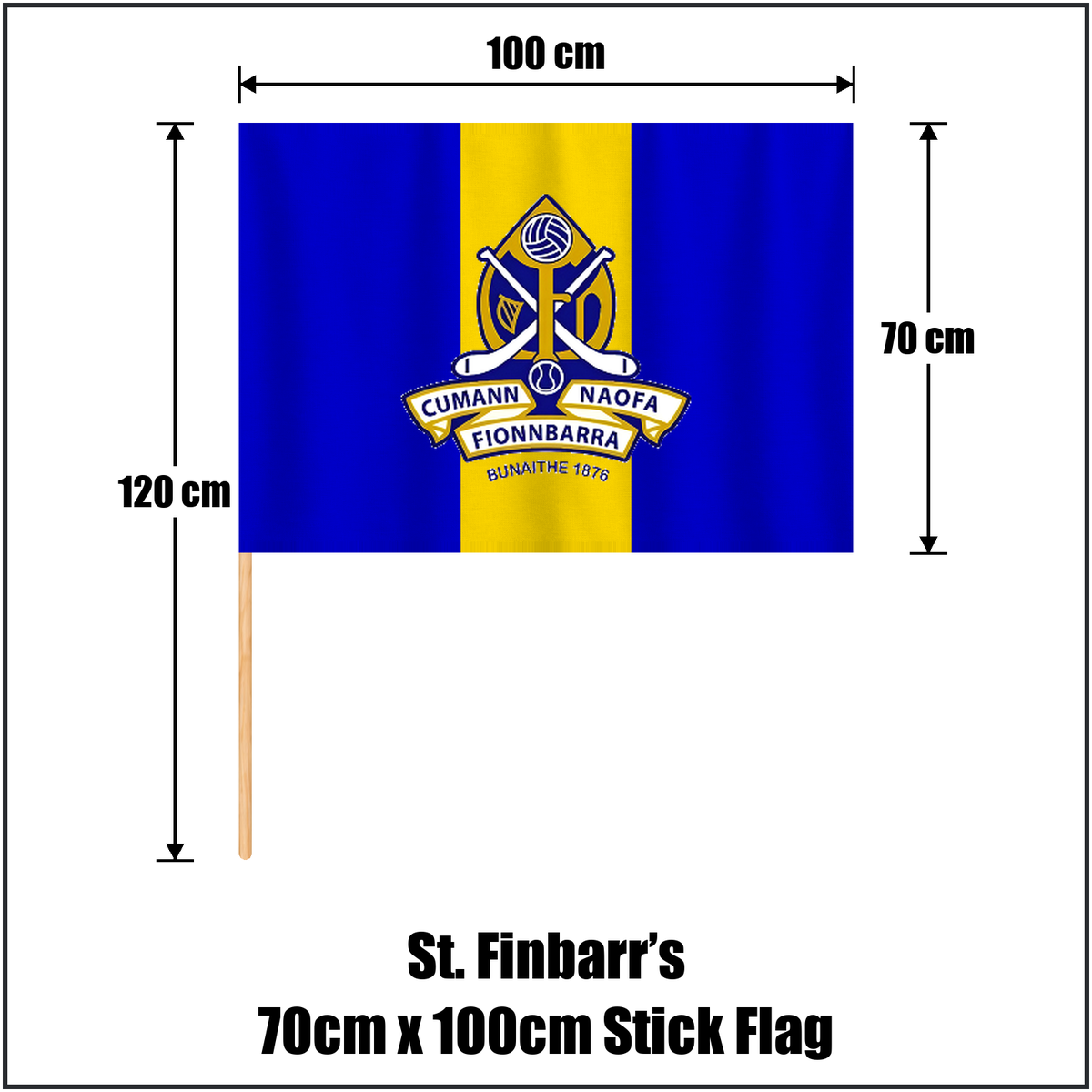 St. Finbarr’s 70cm x 100cm Stick Flag, featuring the club crest and royal blue and gold colours; County Cork GAA. ClubFlags.ie.