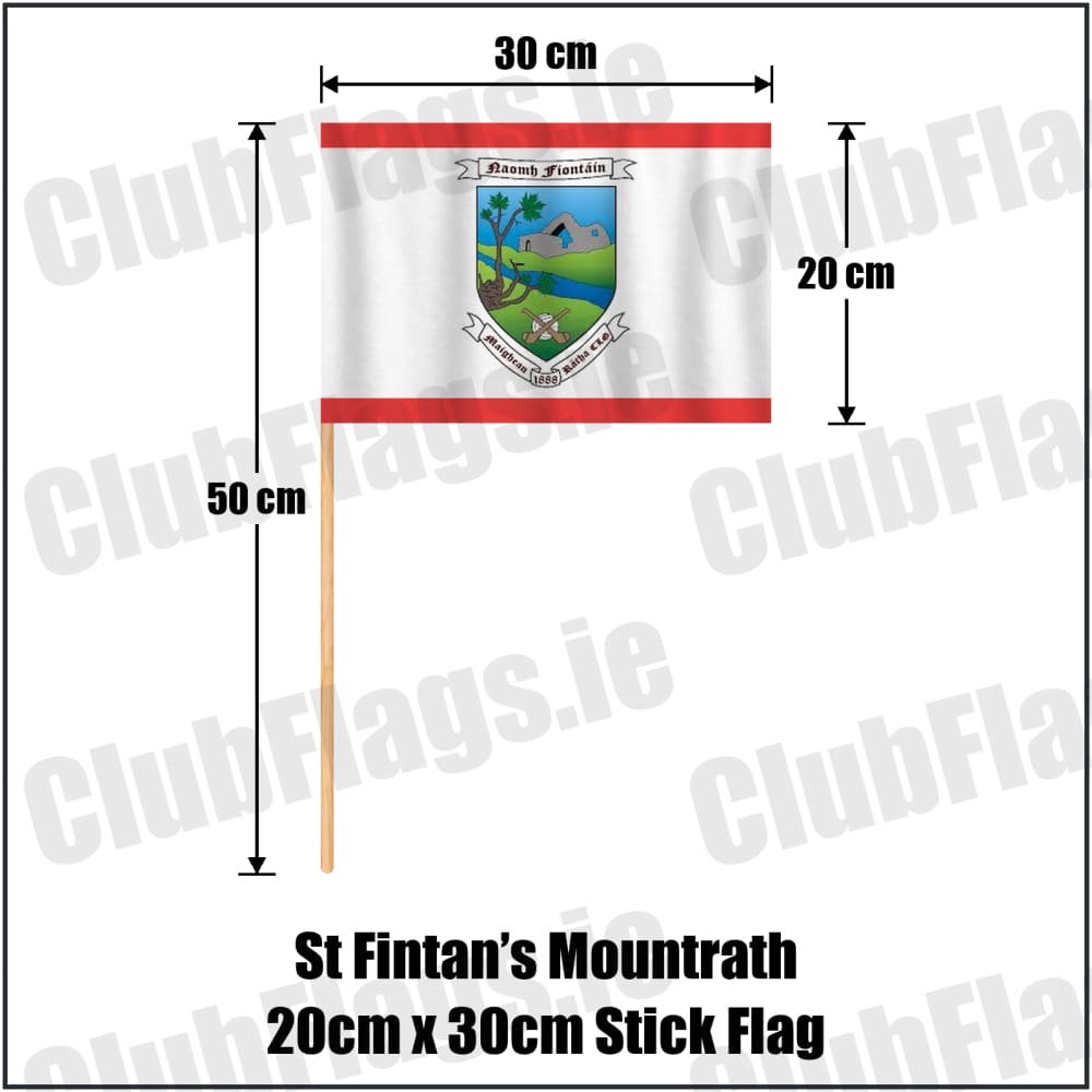 St Fintan’s Mountrath 20cm x 30cm Stick Flag in red and white, featuring the club crest on realistic fabric with gentle vertical folds; County Laois GAA. ClubFlags.ie.