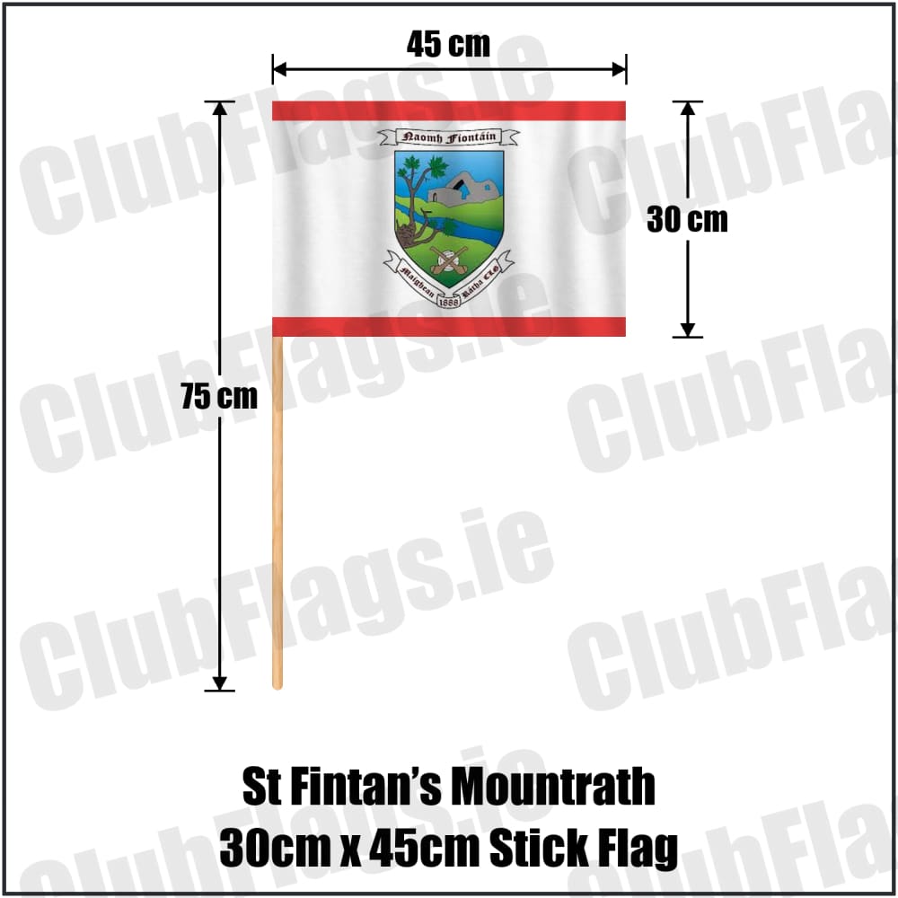 St Fintan’s Mountrath 30cm x 45cm Stick Flag in red and white, featuring the club crest on realistic fabric with gentle vertical folds; County Laois GAA. ClubFlags.ie.