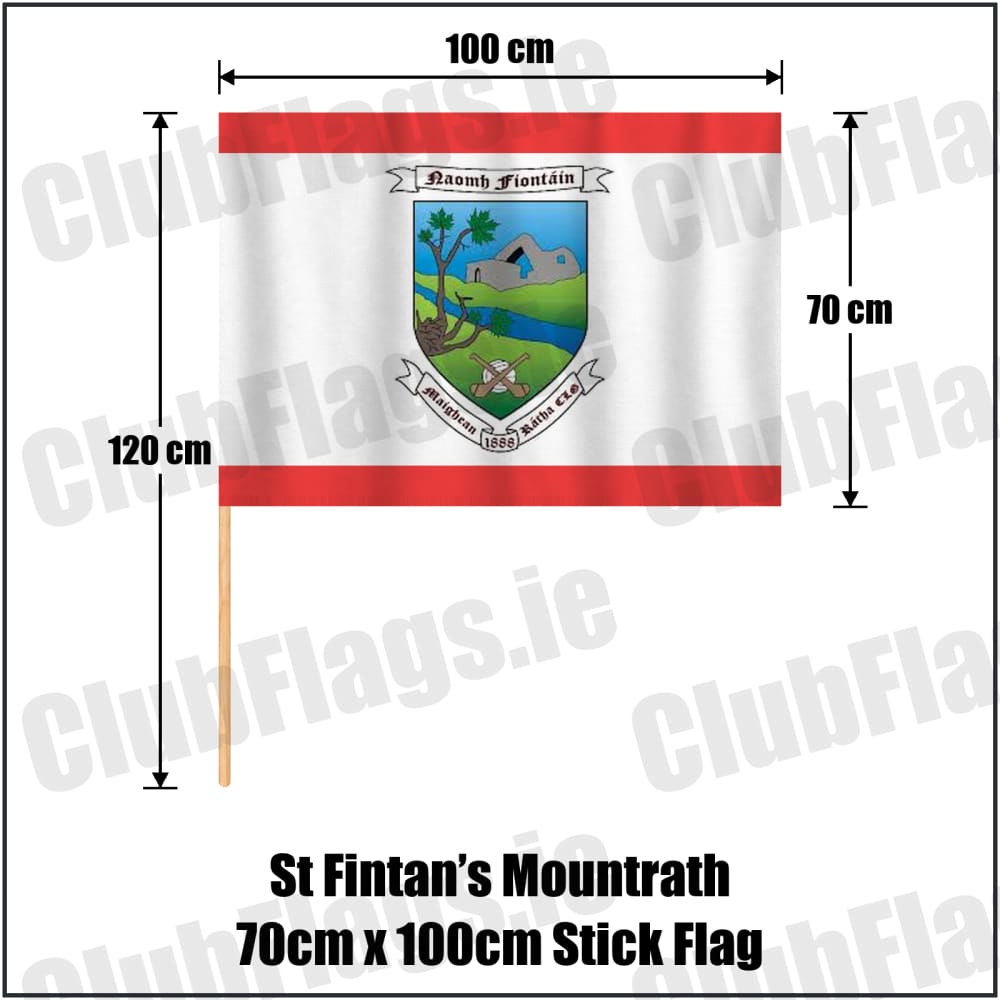 St Fintan’s Mountrath 70cm x 100cm Stick Flag in red and white, featuring the club crest on realistic fabric with gentle vertical folds; County Laois GAA. ClubFlags.ie.