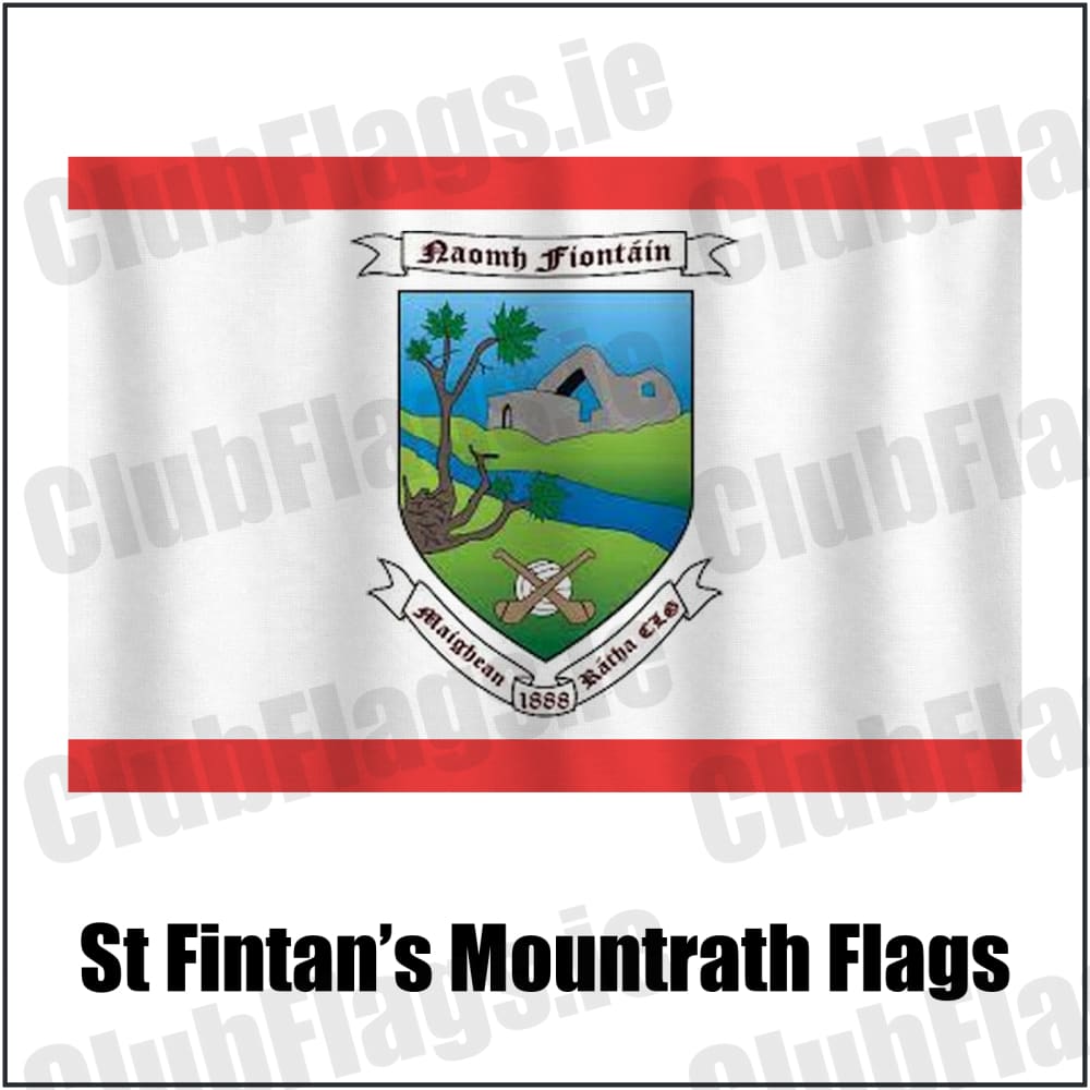 St Fintan’s Mountrath Flags in red and white, featuring the club crest on realistic fabric with gentle vertical folds; County Laois GAA. ClubFlags.ie.