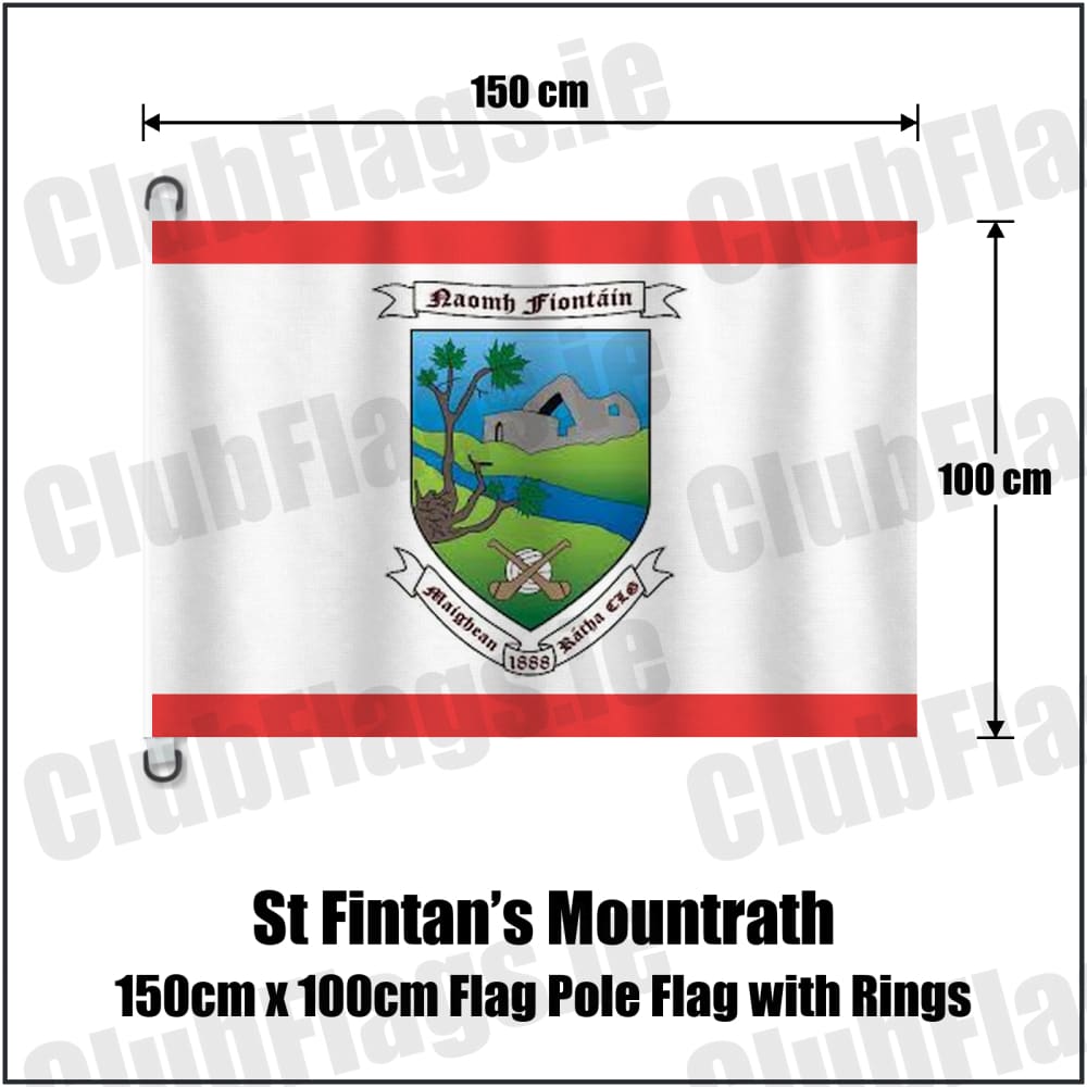 St Fintan’s Mountrath 150cm x 100cm Flag Pole Flag with Rings in red and white, featuring the club crest on realistic fabric with gentle vertical folds; County Laois GAA. ClubFlags.ie.