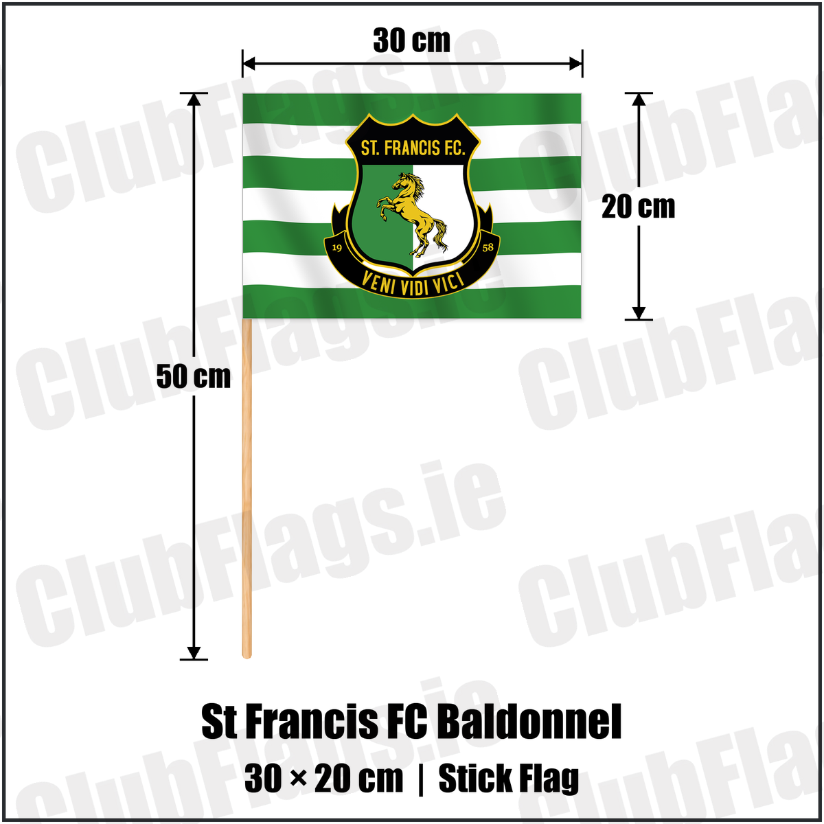 St Francis FC Baldonnel 20cm x 30cm Stick Flag with the club crest and colours, Dublin Football - ClubFlags.ie
