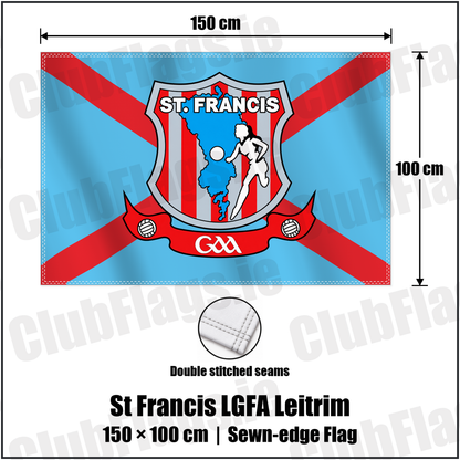 St Francis LGFA Leitrim 100cm x 150cm Flag (sewn on the edges) with the club crest and colours, Leitrim GAA - ClubFlags.ie