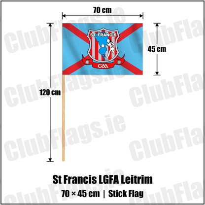 St Francis LGFA Leitrim 45cm x 70cm Stick Flag with the club crest and colours, Leitrim GAA - ClubFlags.ie