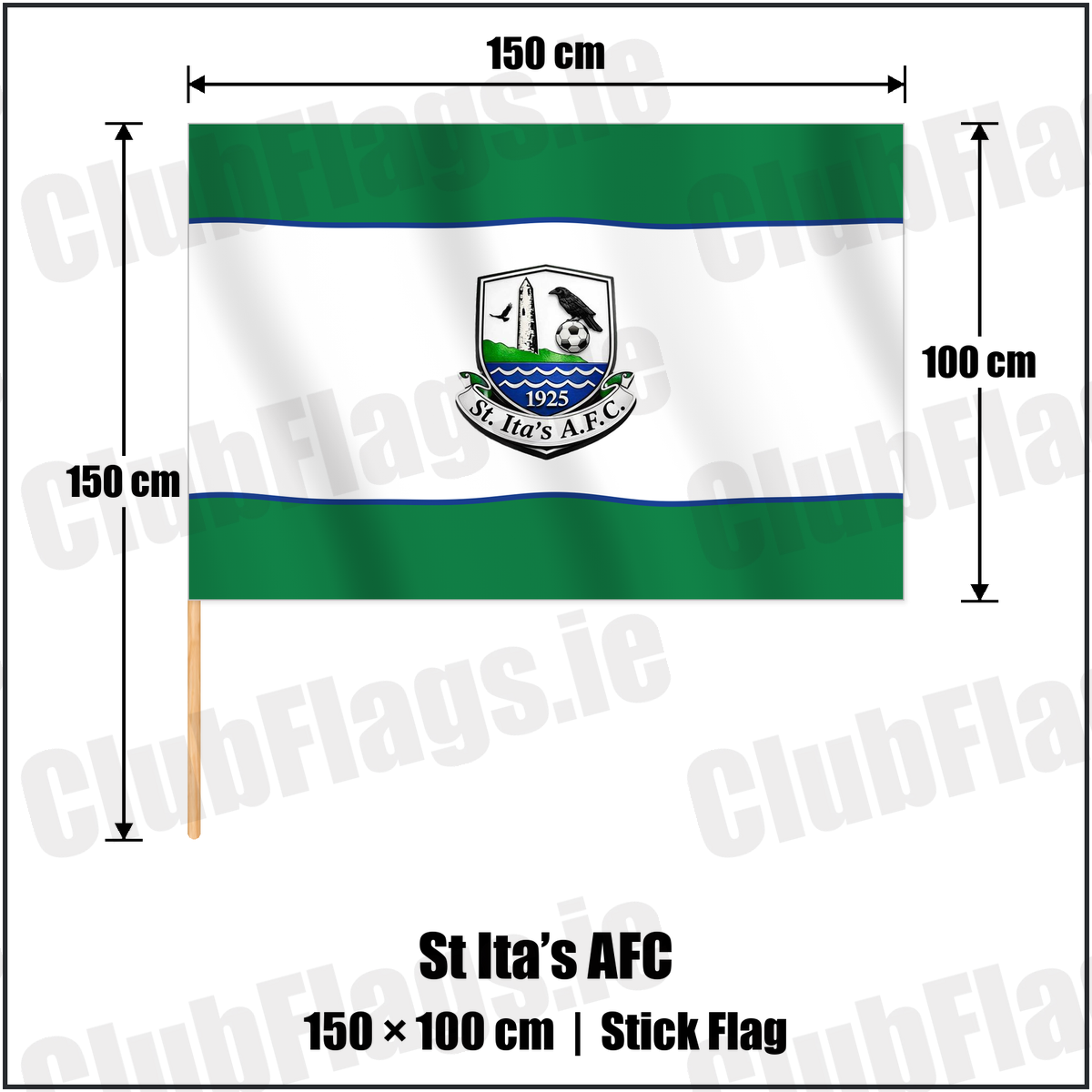 St Ita’s AFC 100cm x 150cm Stick Flag with the club crest and colours, Dublin Football - ClubFlags.ie