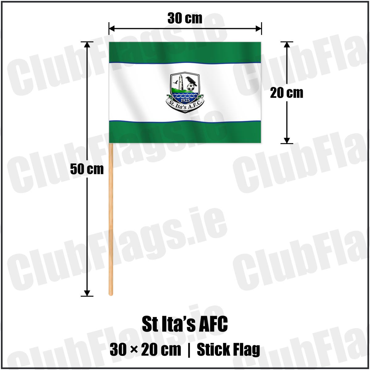 St Ita’s AFC 20cm x 30cm Stick Flag with the club crest and colours, Dublin Football - ClubFlags.ie
