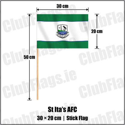 St Ita’s AFC 20cm x 30cm Stick Flag with the club crest and colours, Dublin Football - ClubFlags.ie