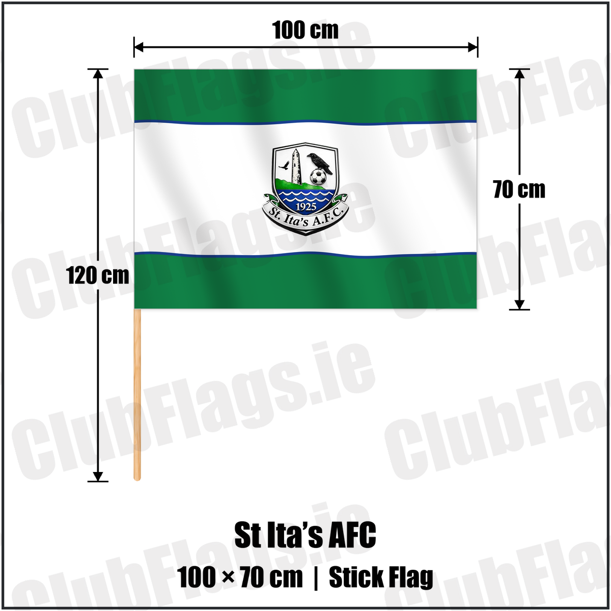 St Ita’s AFC 70cm x 100cm Stick Flag with the club crest and colours, Dublin Football - ClubFlags.ie