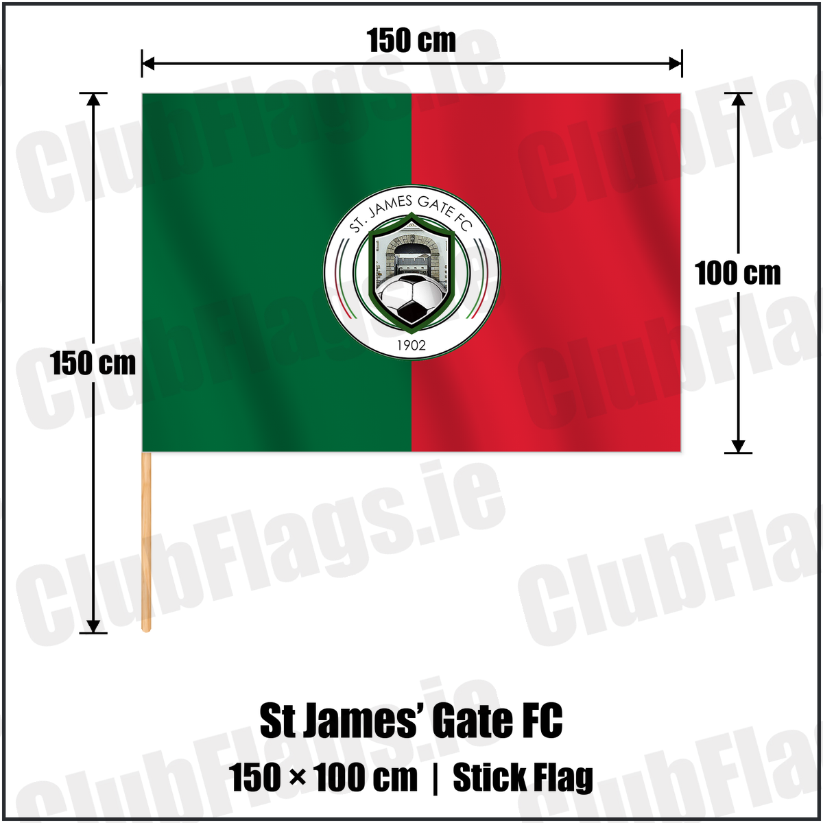 St James’ Gate FC 100cm x 150cm Stick Flag with the club crest and colours, Dublin Football - ClubFlags.ie
