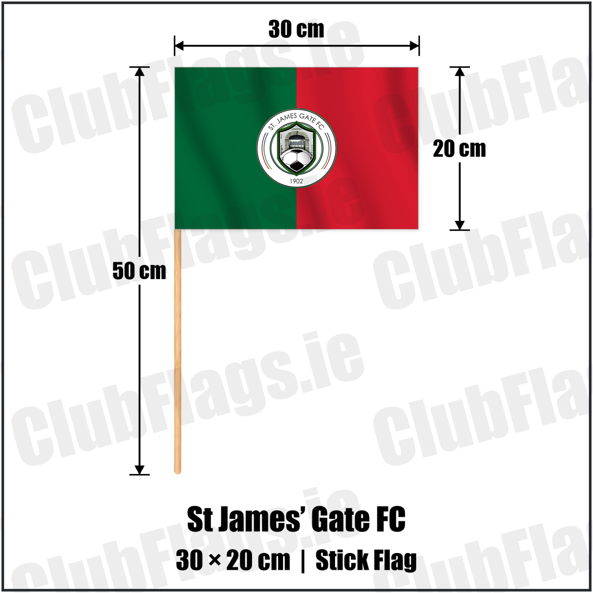 St James’ Gate FC 20cm x 30cm Stick Flag with the club crest and colours, Dublin Football - ClubFlags.ie