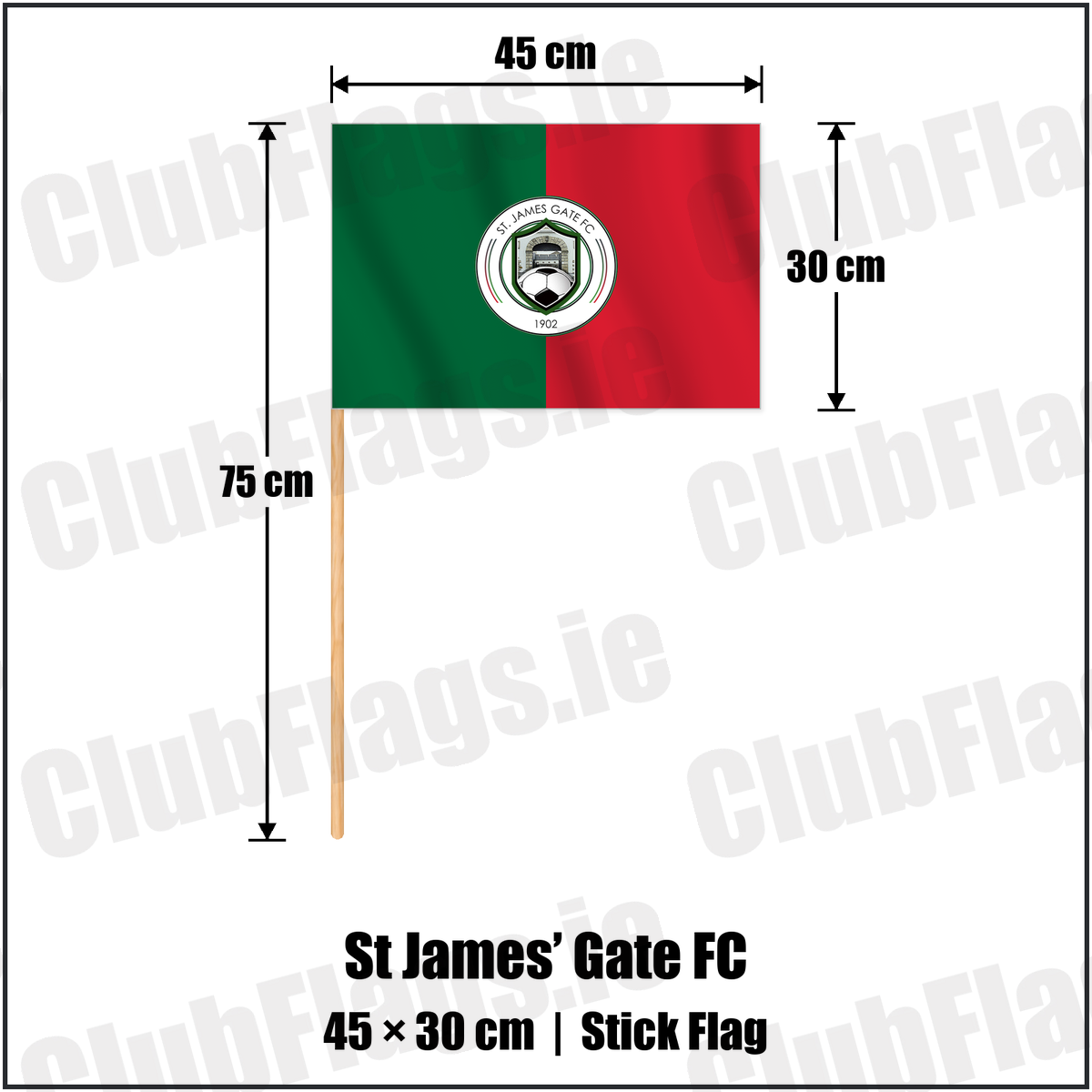St James’ Gate FC 30cm x 45cm Stick Flag with the club crest and colours, Dublin Football - ClubFlags.ie