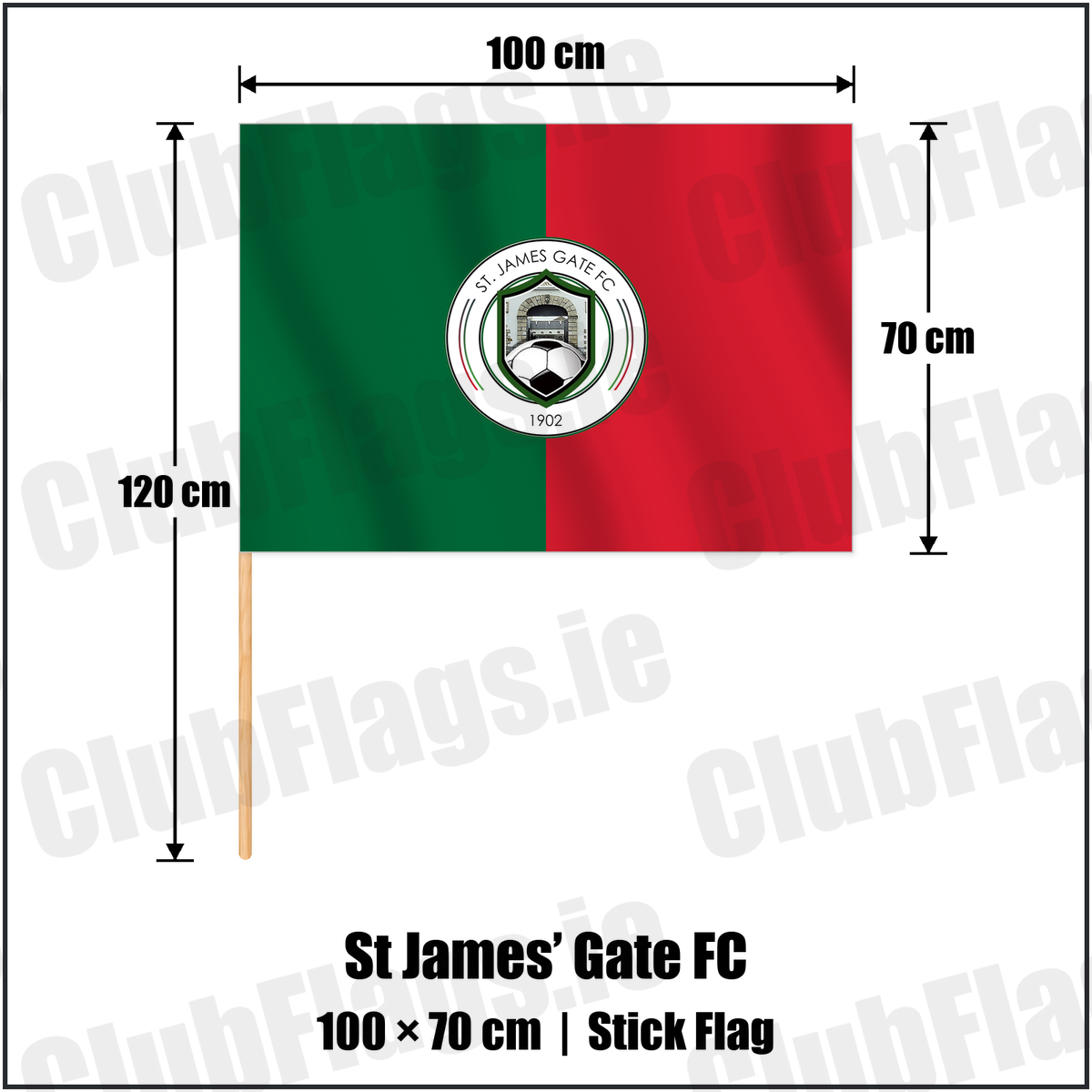 St James’ Gate FC 70cm x 100cm Stick Flag with the club crest and colours, Dublin Football - ClubFlags.ie