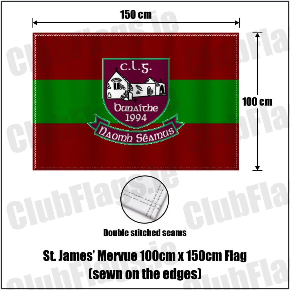 St. James’ Mervue 100cm x 150cm Flag (sewn on the edges) in maroon and green, featuring the club crest on realistic fabric with gentle vertical folds; County Galway GAA. ClubFlags.ie.