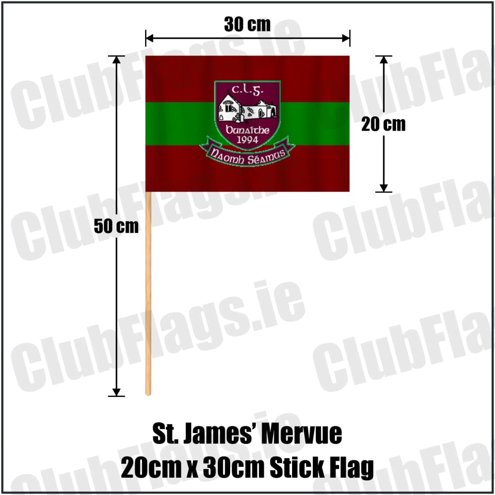 St. James’ Mervue 20cm x 30cm Stick Flag in maroon and green, featuring the club crest on realistic fabric with gentle vertical folds; County Galway GAA. ClubFlags.ie.