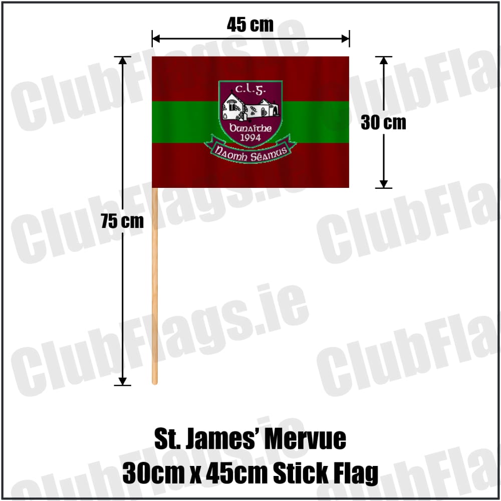 St. James’ Mervue 30cm x 45cm Stick Flag in maroon and green, featuring the club crest on realistic fabric with gentle vertical folds; County Galway GAA. ClubFlags.ie.