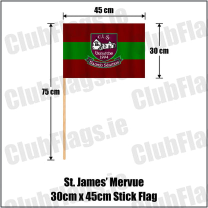 St. James’ Mervue 30cm x 45cm Stick Flag in maroon and green, featuring the club crest on realistic fabric with gentle vertical folds; County Galway GAA. ClubFlags.ie.