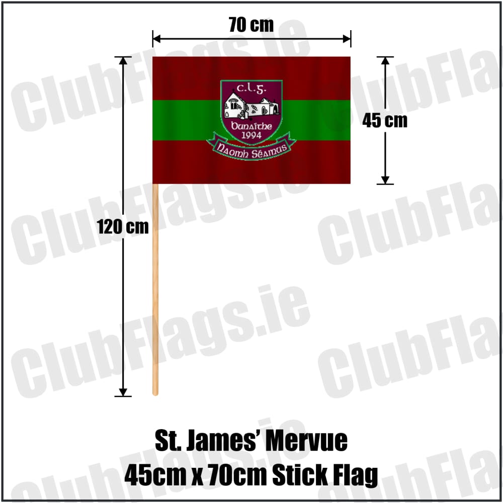 St. James’ Mervue 45cm x 70cm Stick Flag in maroon and green, featuring the club crest on realistic fabric with gentle vertical folds; County Galway GAA. ClubFlags.ie.