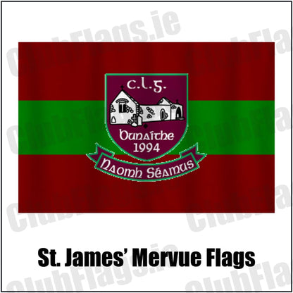 St. James’ Mervue Flags in maroon and green, featuring the club crest on realistic fabric with gentle vertical folds; County Galway GAA. ClubFlags.ie.