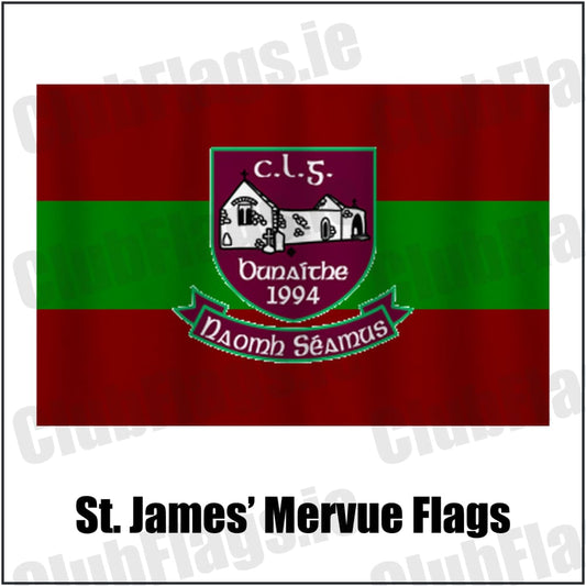St. James’ Mervue Flags in maroon and green, featuring the club crest on realistic fabric with gentle vertical folds; County Galway GAA. ClubFlags.ie.