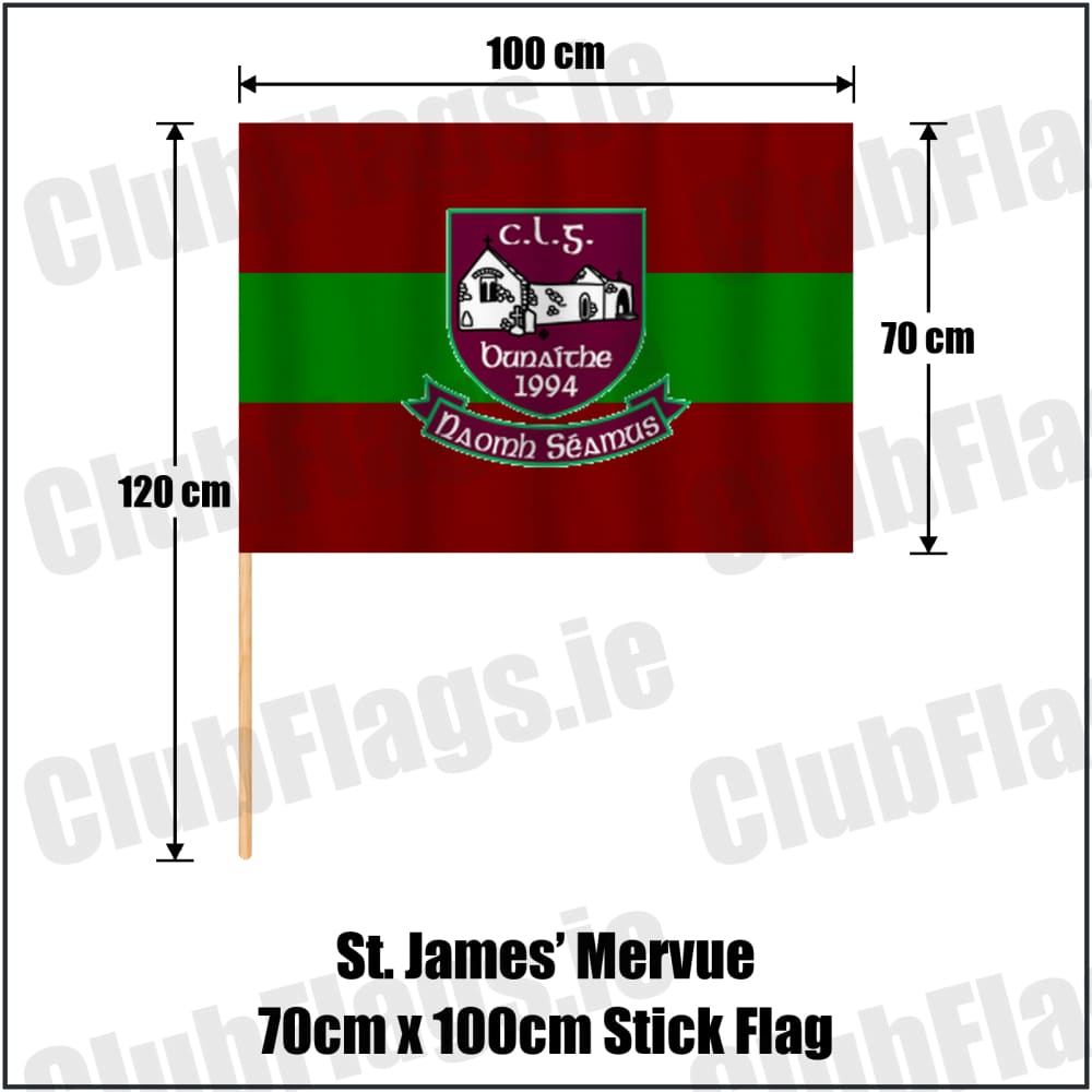 St. James’ Mervue 70cm x 100cm Stick Flag in maroon and green, featuring the club crest on realistic fabric with gentle vertical folds; County Galway GAA. ClubFlags.ie.