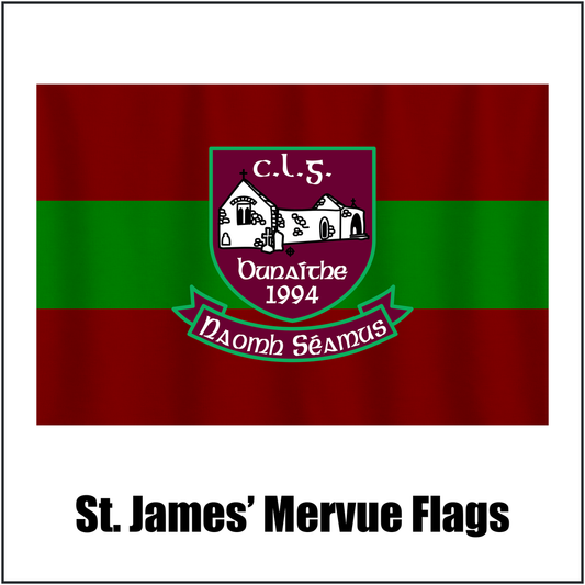 St. James’ Mervue Flags, featuring the club crest and maroon and green colours; County Galway GAA. ClubFlags.ie.