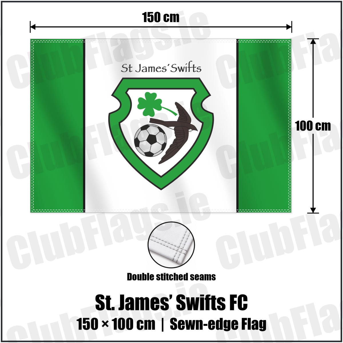 St. James’ Swifts FC 100cm x 150cm Flag (sewn on the edges) with the club crest and colours, Antrim Football - ClubFlags.ie
