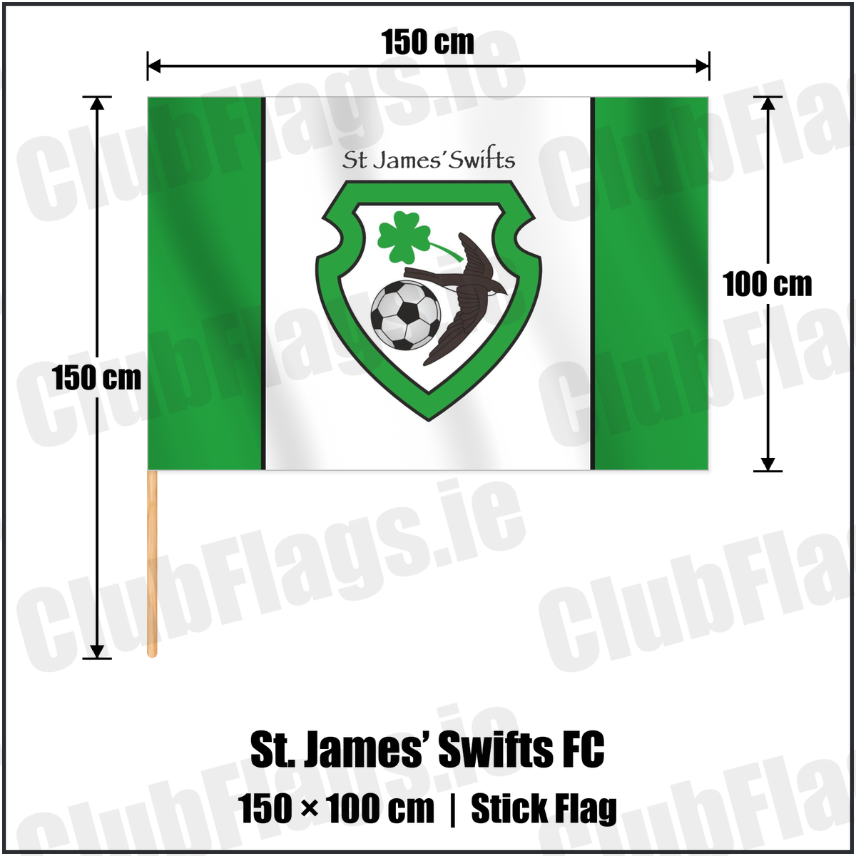 St. James’ Swifts FC 100cm x 150cm Stick Flag with the club crest and colours, Antrim Football - ClubFlags.ie