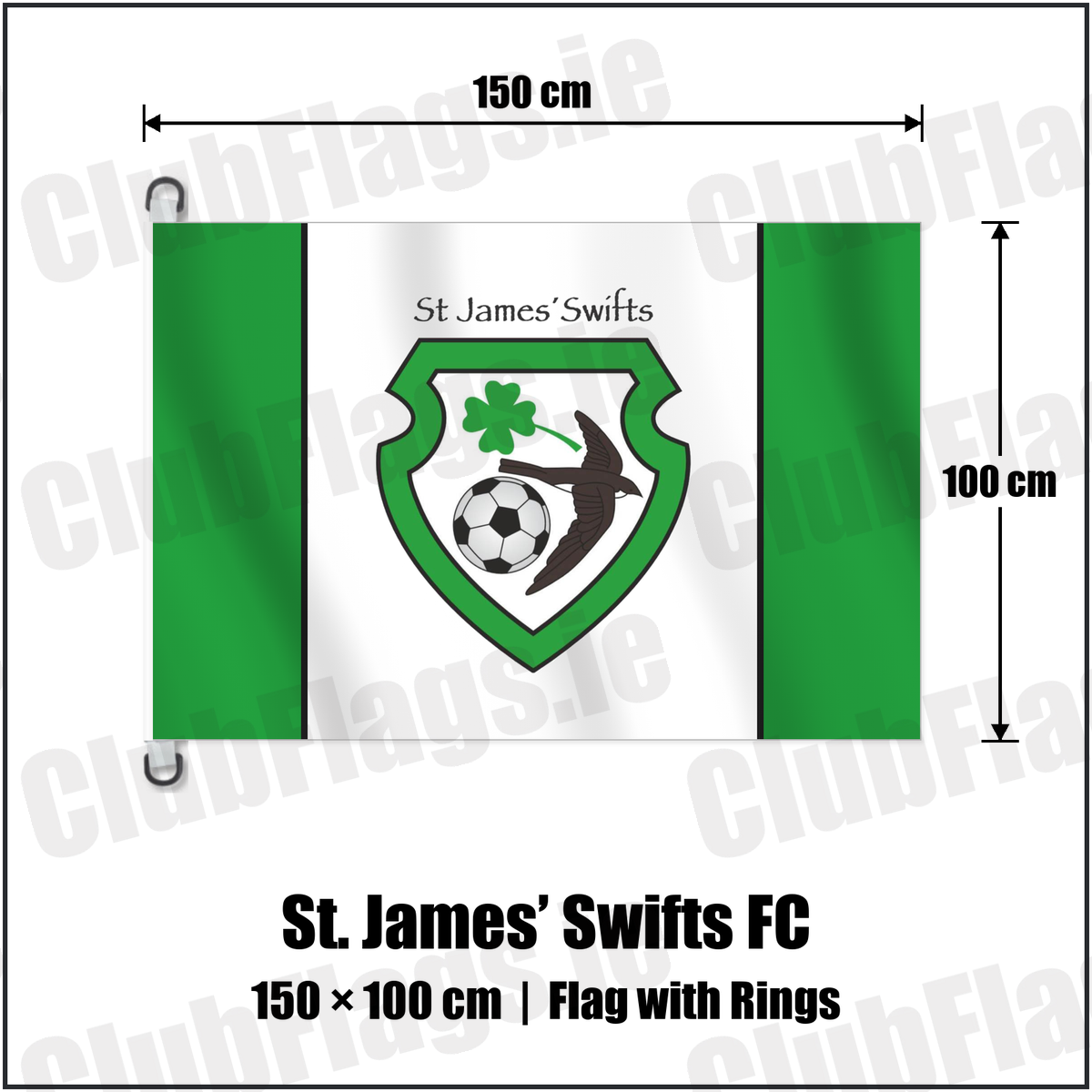 St. James’ Swifts FC 150cm x 100cm Flag Pole Flag with Rings with the club crest and colours, Antrim Football - ClubFlags.ie