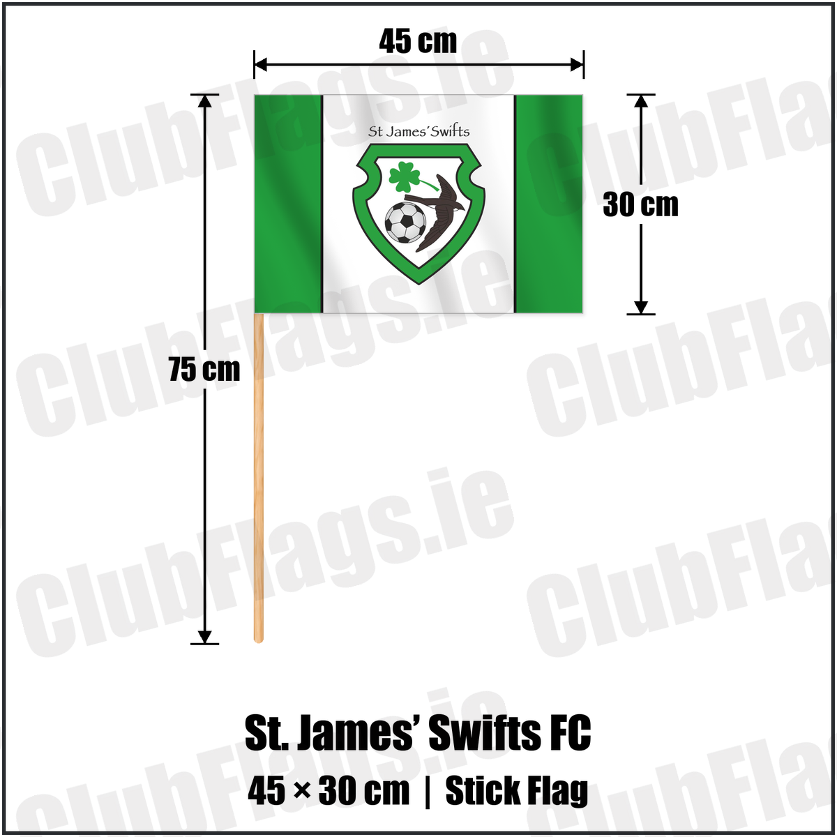 St. James’ Swifts FC 30cm x 45cm Stick Flag with the club crest and colours, Antrim Football - ClubFlags.ie