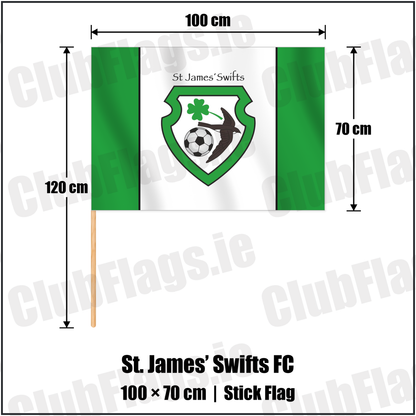 St. James’ Swifts FC 70cm x 100cm Stick Flag with the club crest and colours, Antrim Football - ClubFlags.ie
