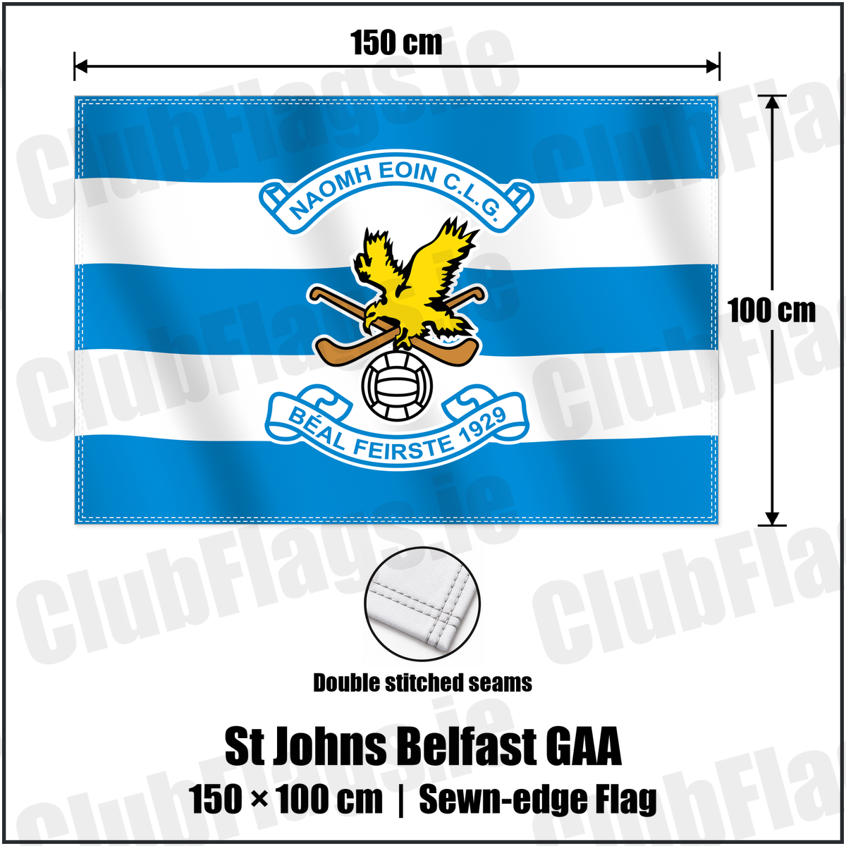 St Johns Belfast GAA 100cm x 150cm Flag (sewn on the edges) with the verified club crest and colours, Antrim GAA - ClubFlags.ie