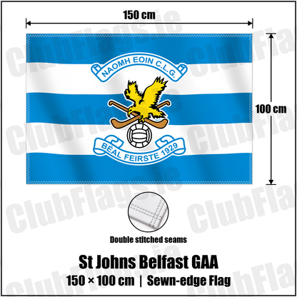 St Johns Belfast GAA 100cm x 150cm Flag (sewn on the edges) with the verified club crest and colours, Antrim GAA - ClubFlags.ie