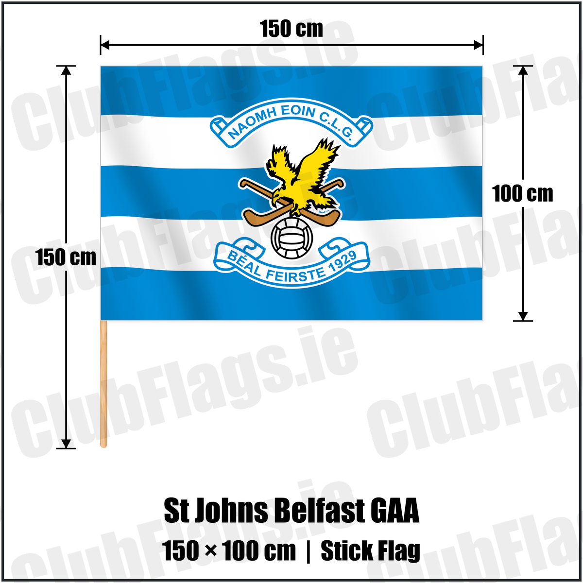 St Johns Belfast GAA 100cm x 150cm Stick Flag with the verified club crest and colours, Antrim GAA - ClubFlags.ie