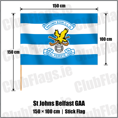 St Johns Belfast GAA 100cm x 150cm Stick Flag with the verified club crest and colours, Antrim GAA - ClubFlags.ie