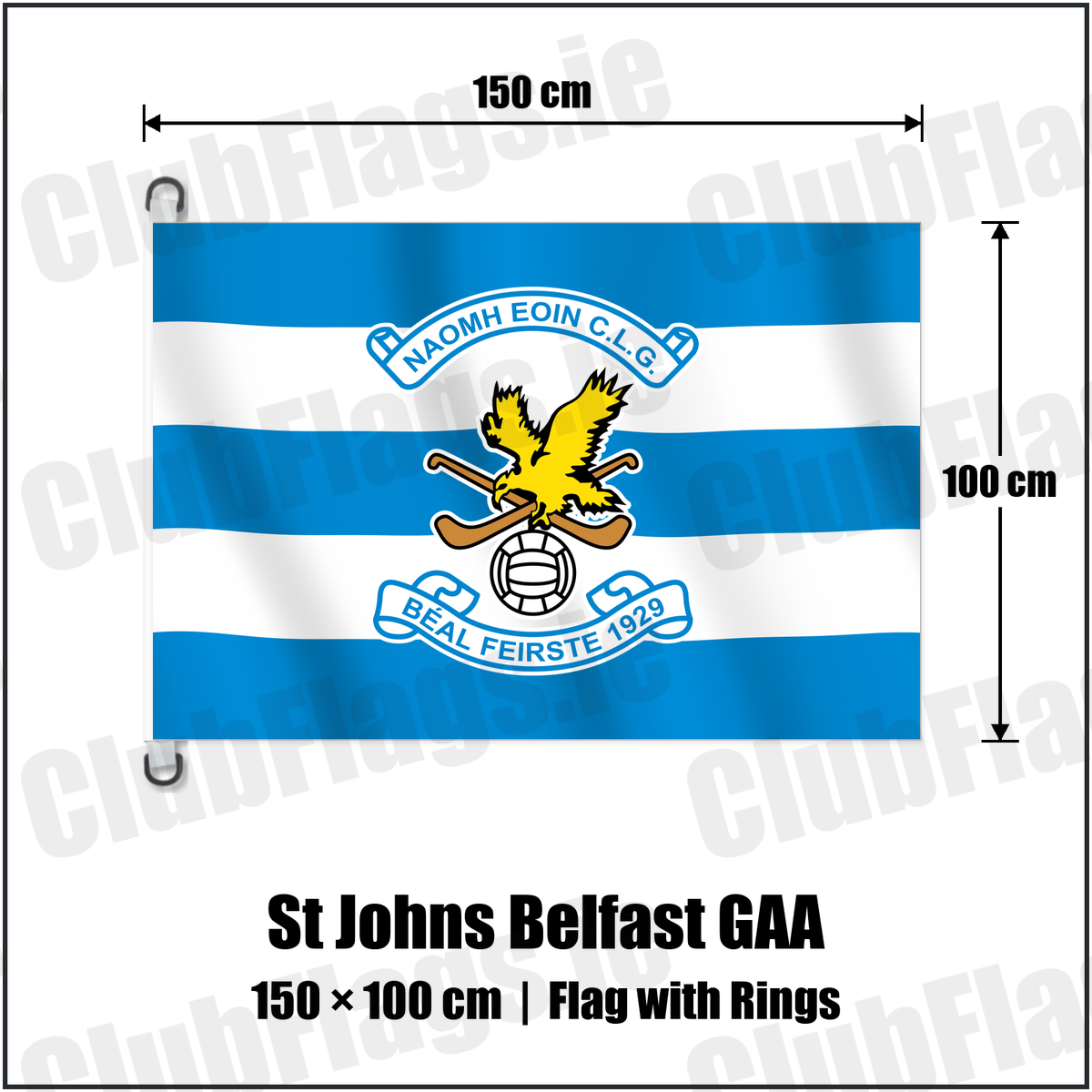 St Johns Belfast GAA 150cm x 100cm Flag Pole Flag with Rings with the verified club crest and colours, Antrim GAA - ClubFlags.ie