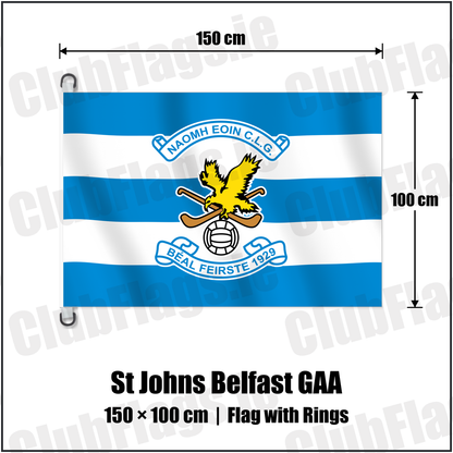 St Johns Belfast GAA 150cm x 100cm Flag Pole Flag with Rings with the verified club crest and colours, Antrim GAA - ClubFlags.ie