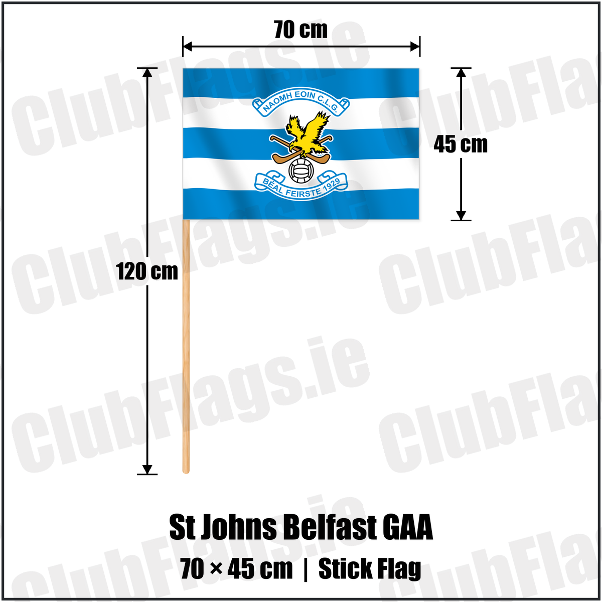 St Johns Belfast GAA 45cm x 70cm Stick Flag with the verified club crest and colours, Antrim GAA - ClubFlags.ie