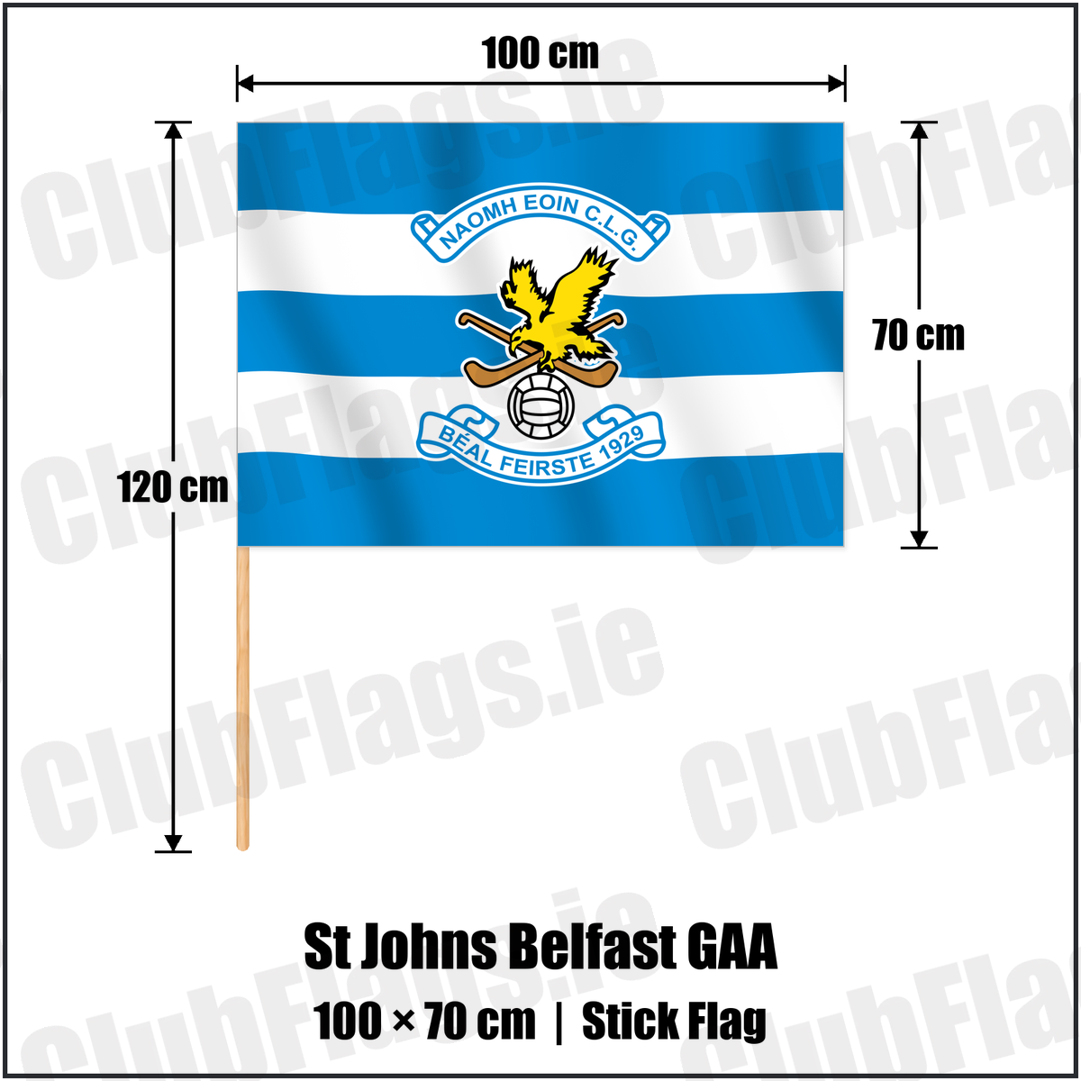 St Johns Belfast GAA 70cm x 100cm Stick Flag with the verified club crest and colours, Antrim GAA - ClubFlags.ie