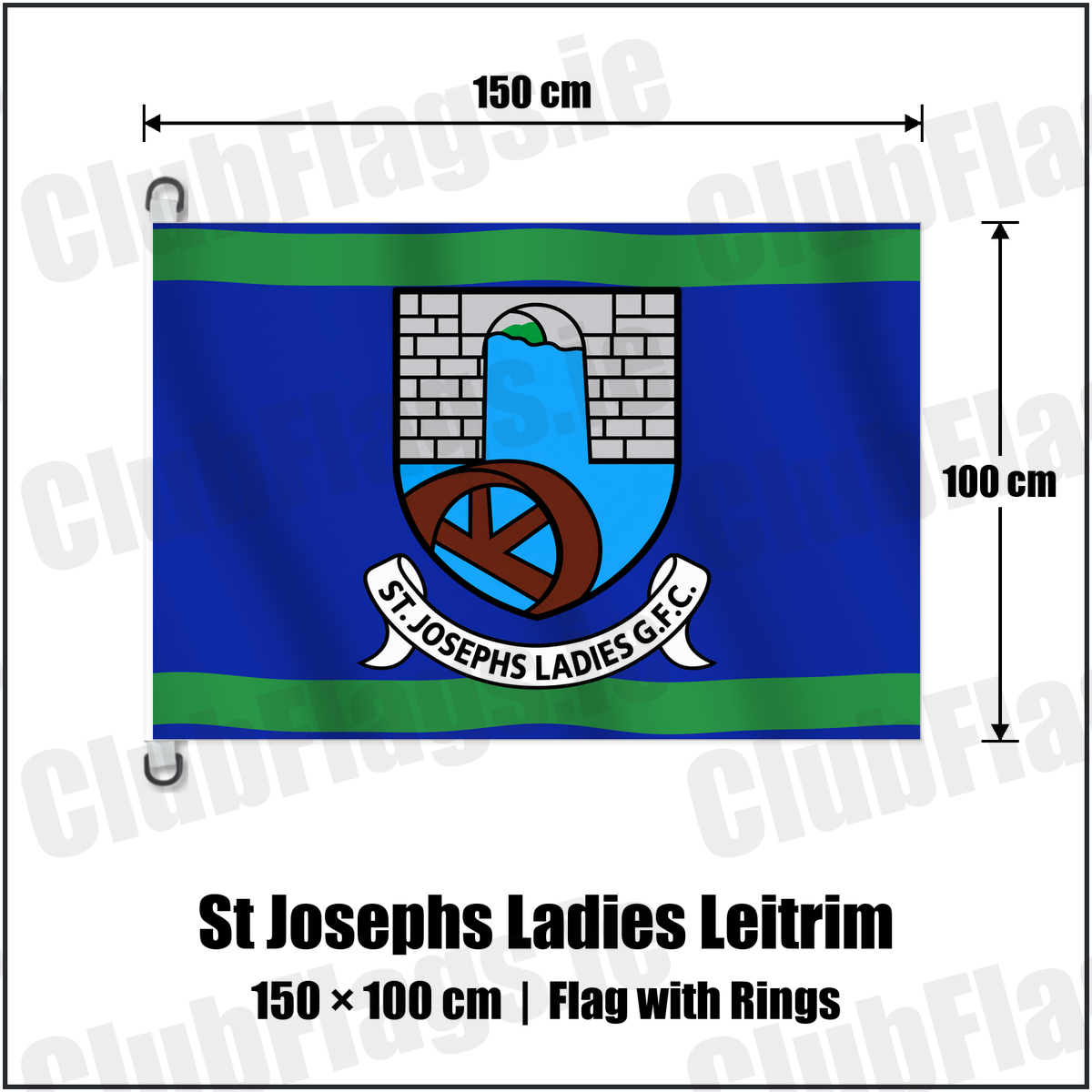 St Josephs Ladies Leitrim 150cm x 100cm Flag Pole Flag with Rings with the club crest and colours, Leitrim GAA - ClubFlags.ie