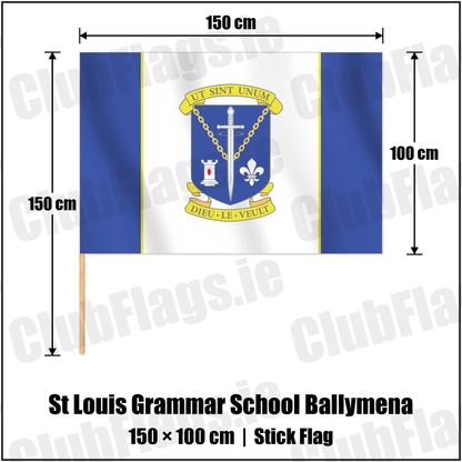 St Louis Grammar School Ballymena 100cm x 150cm Stick Flag with the club crest and colours, Antrim GAA - ClubFlags.ie