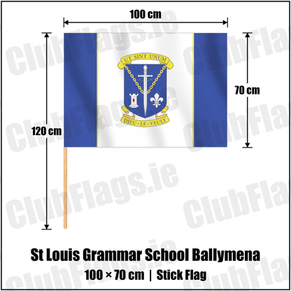 St Louis Grammar School Ballymena 70cm x 100cm Stick Flag with the club crest and colours, Antrim GAA - ClubFlags.ie