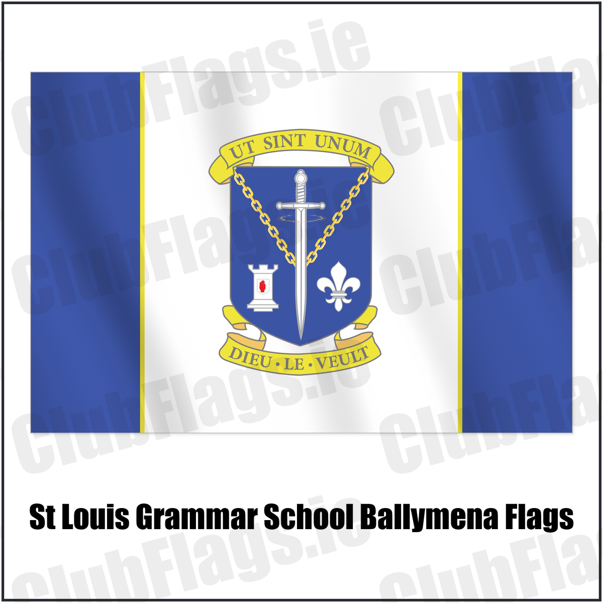 St Louis Grammar School Ballymena Flags with the club crest and colours, Antrim GAA - ClubFlags.ie
