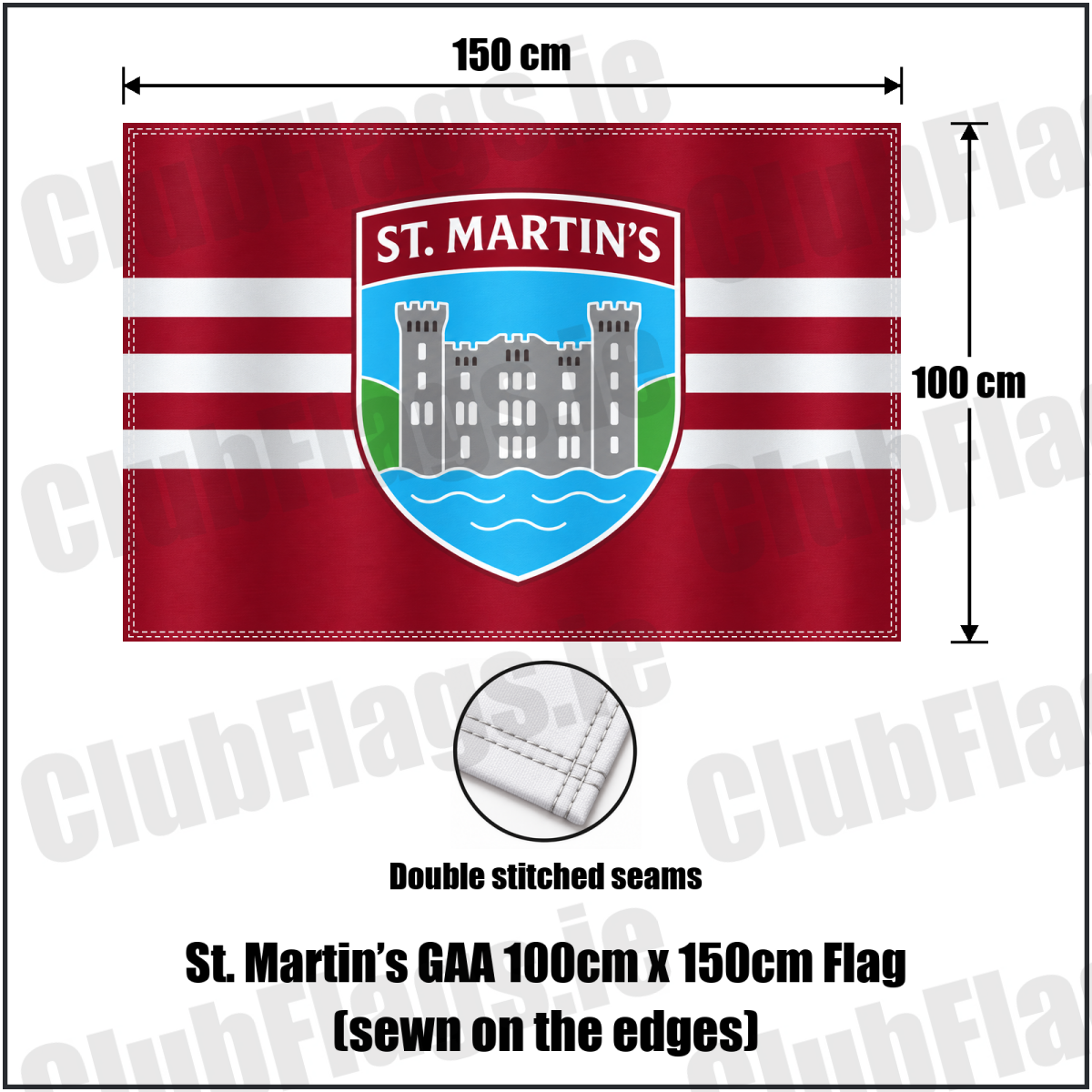 St. Martin’s GAA, County Wexford, maroon flag with three white horizontal stripes and a castle crest; 100 x 150 cm sewn-edge flag with double stitching and seam close-up
