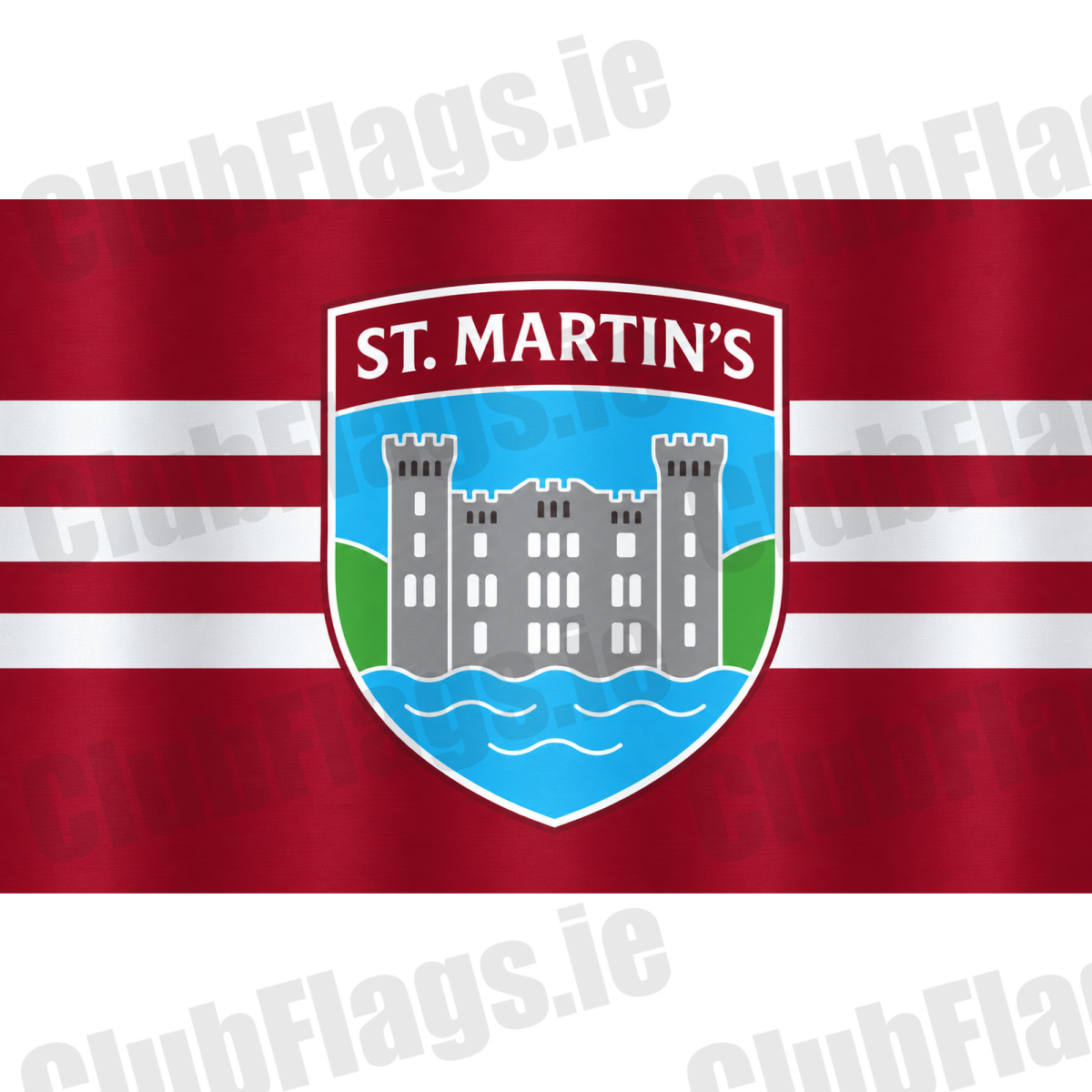 St. Martin’s GAA, County Wexford, maroon flag with three white horizontal stripes and a castle crest; club artwork with gentle vertical fabric folds