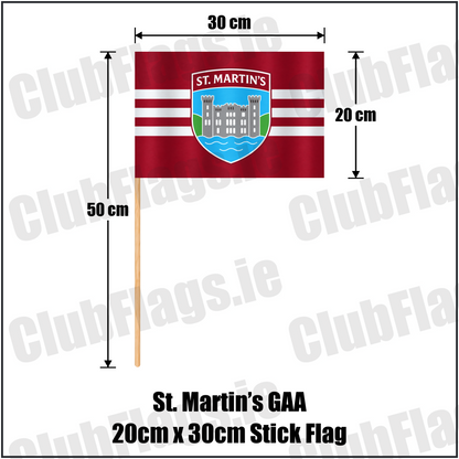 St. Martin’s GAA, County Wexford, maroon flag with three white horizontal stripes and a castle crest; 20 x 30 cm stick flag with a 50 cm wooden stick