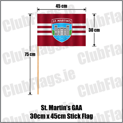 St. Martin’s GAA, County Wexford, maroon flag with three white horizontal stripes and a castle crest; 30 x 45 cm stick flag with a 75 cm wooden stick