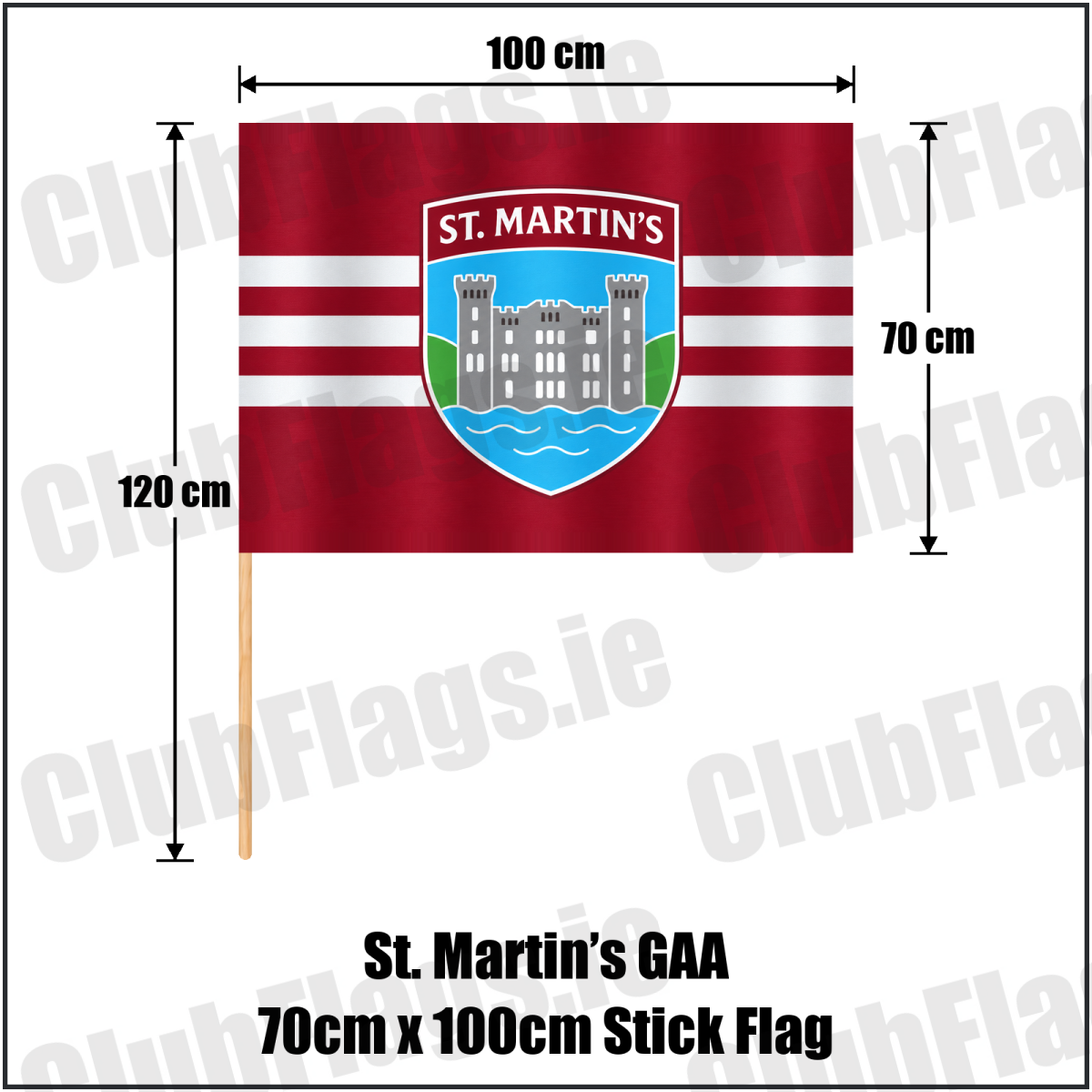 St. Martin’s GAA, County Wexford, maroon flag with three white horizontal stripes and a castle crest; 70 x 100 cm stick flag with a 120 cm wooden stick